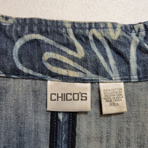 Chico's Blue Jean Denim Jacket with Multicolor Trim Bleached Floral Pattern - Picture 8 of 12